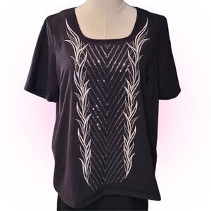 Y2K MCBLING BLACK WHITE EMBROIDERED MCBLING SEQUINS WOMEN'S BLOUSE TOP EUC L